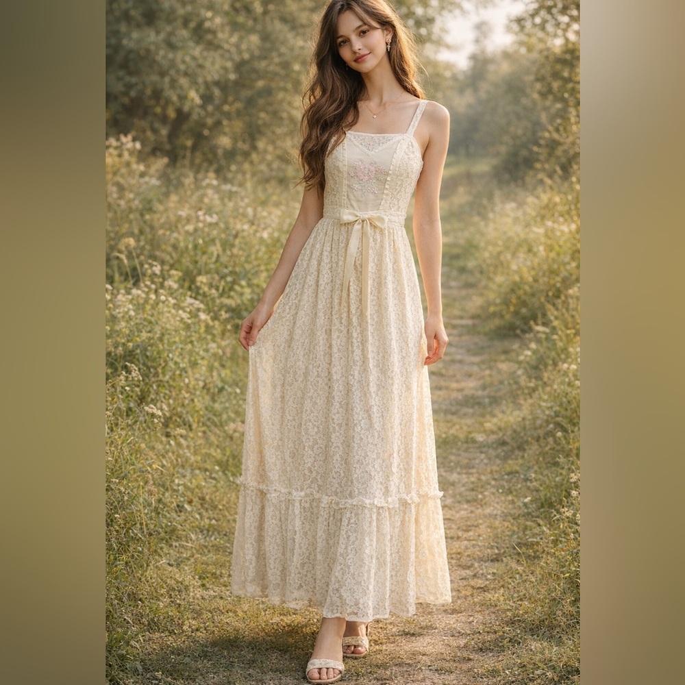 Vintage Candi Jones California Ivory Lace Maxi Dress – Size 7 (Small/Medium)